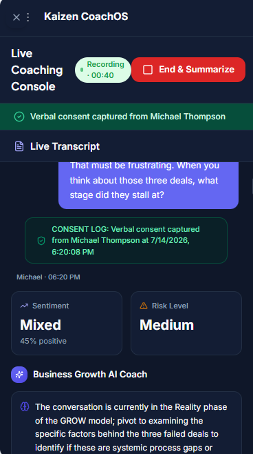 Kaizen CoachOS Live Coaching Console showing real-time transcript, sentiment analysis and AI coaching insights