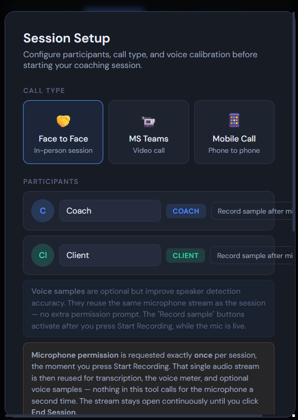 Kaizen CoachOS Session Setup screen showing call type and participant configuration
